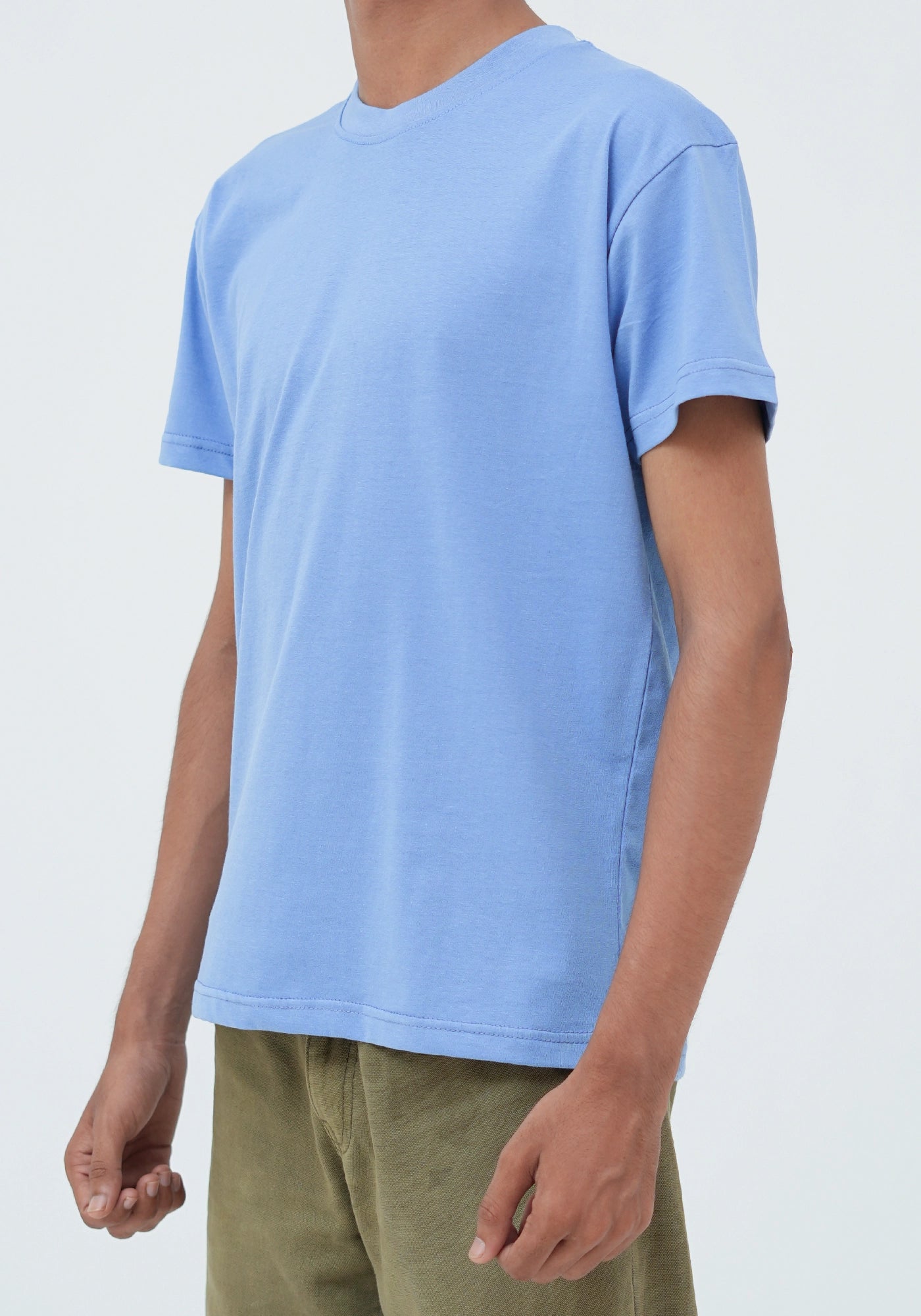 100% Cotton Plain Sky Blue Round Neck