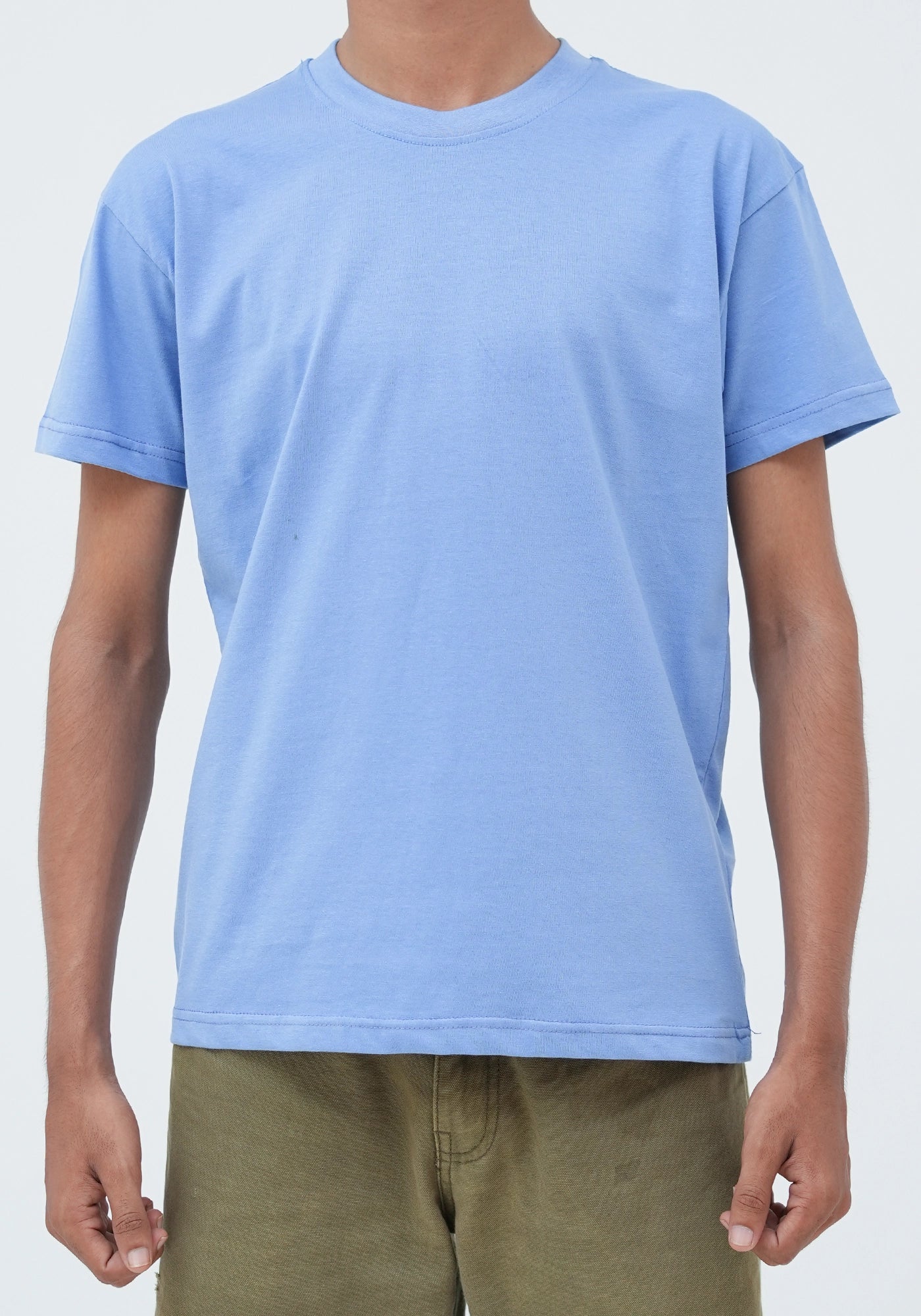 100% Cotton Plain Sky Blue Round Neck