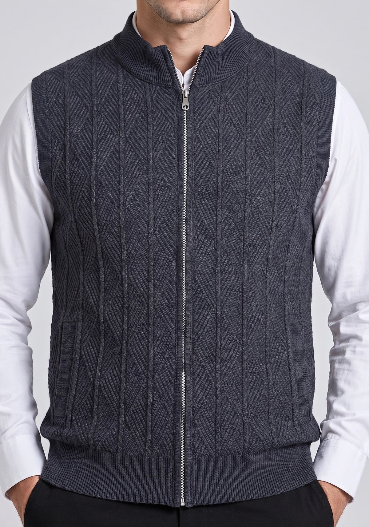 Soft Acrylic Wool Sleevless Navy Blue Zipper