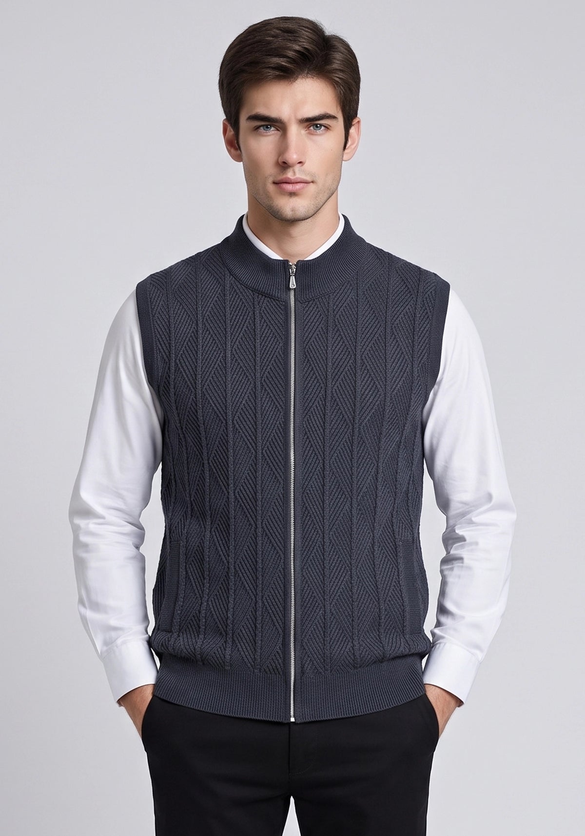 Soft Acrylic Wool Sleevless Navy Blue Zipper