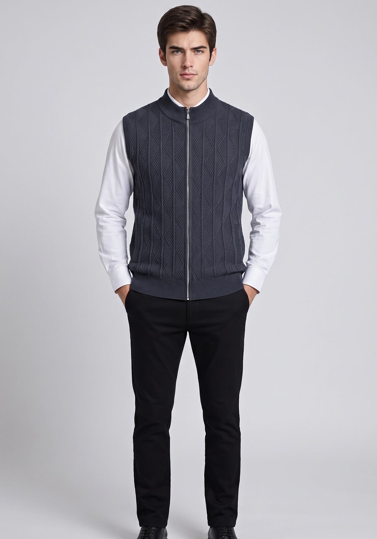 Soft Acrylic Wool Sleevless Navy Blue Zipper