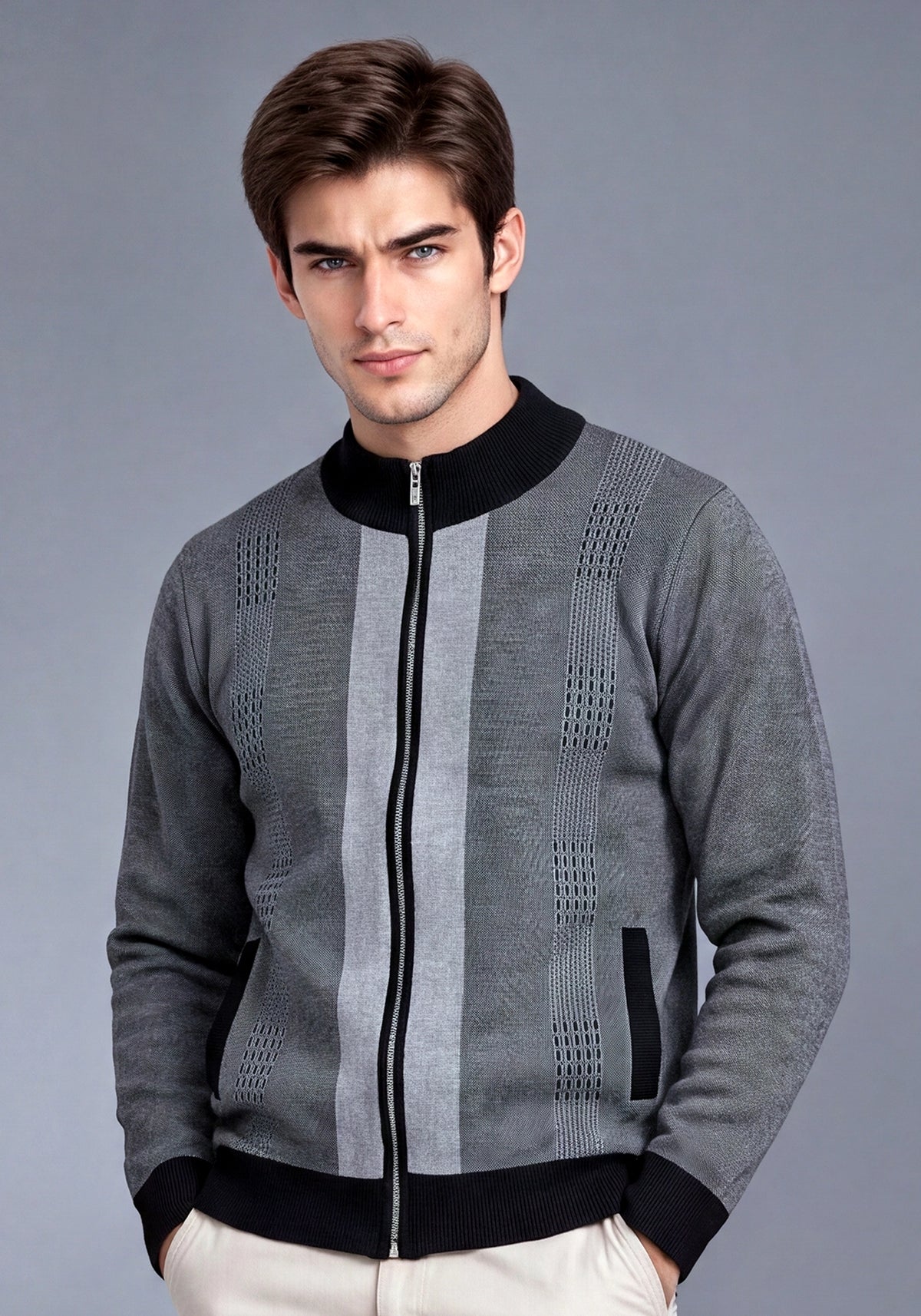 Soft Acrylic Wool Zipper Charcoal Black Sweater
