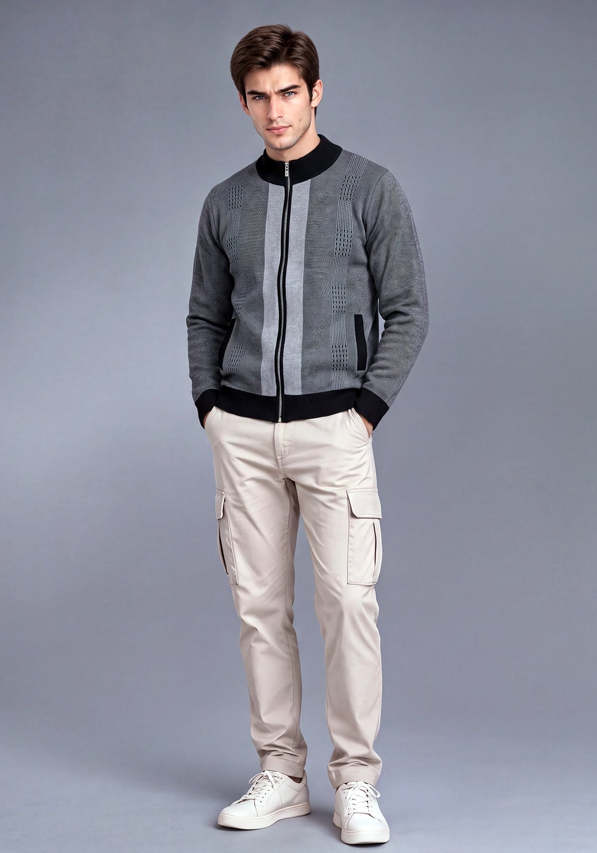 Soft Acrylic Wool Zipper Charcoal Black Sweater