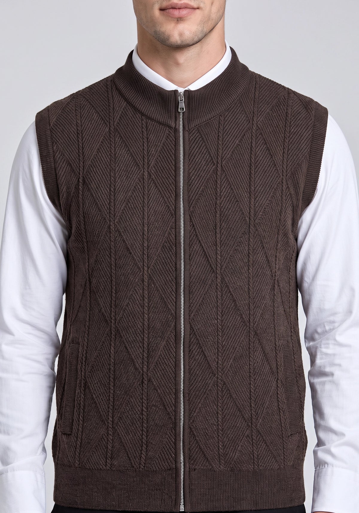 Soft Acrylic Wool Sleevless D Brown Zipper