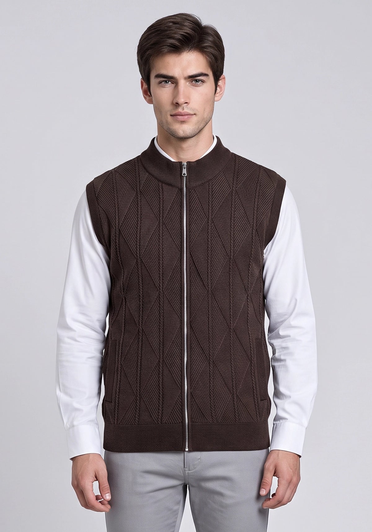 Soft Acrylic Wool Sleevless D Brown Zipper