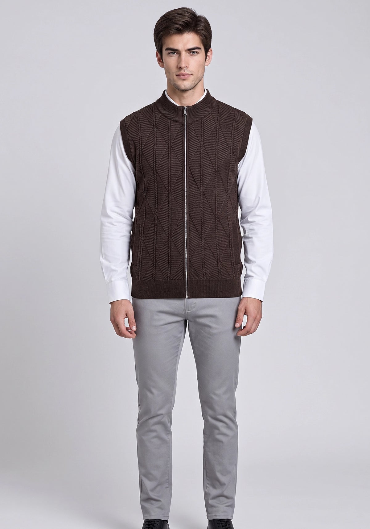 Soft Acrylic Wool Sleevless D Brown Zipper
