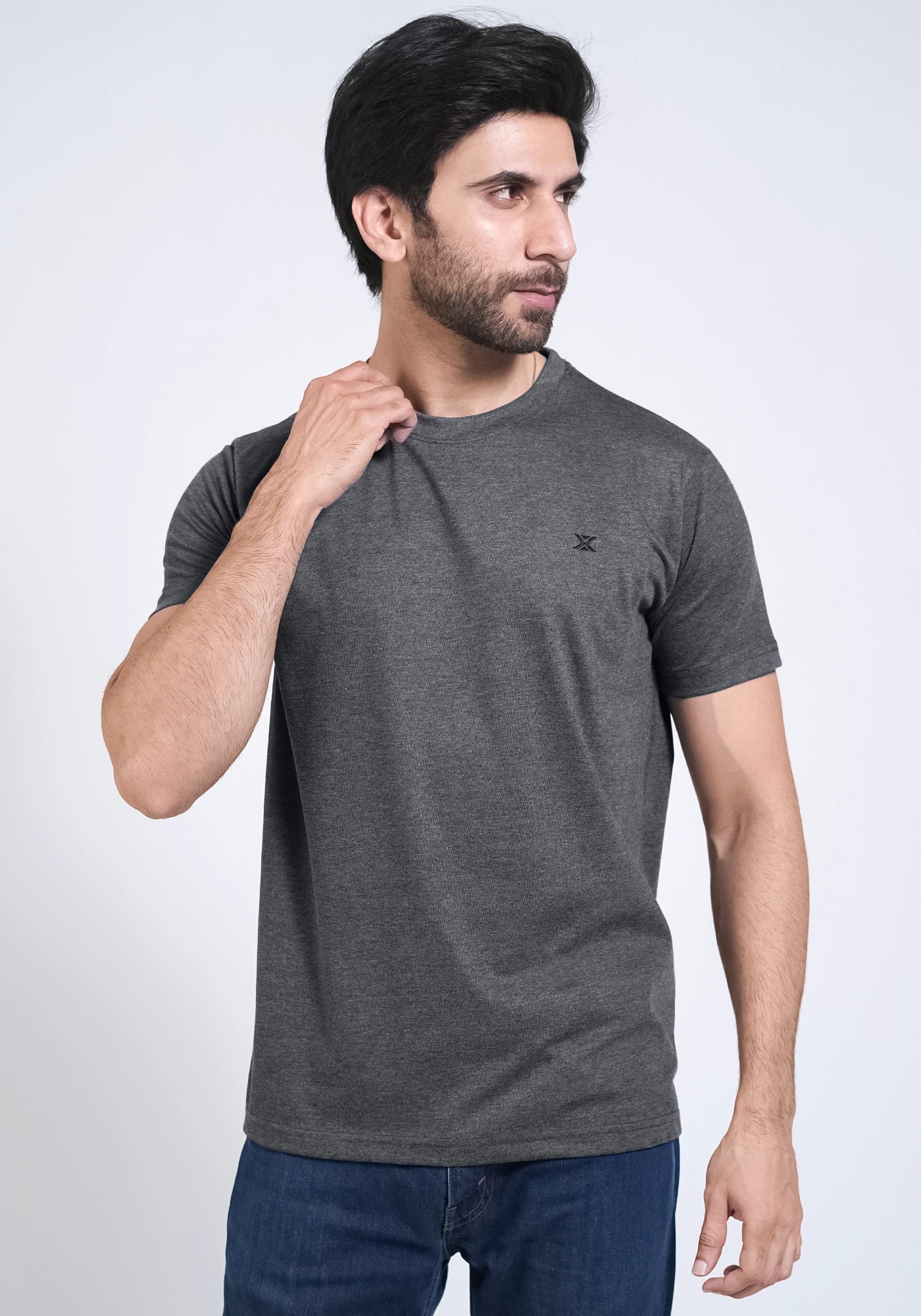 Single Jersey Fabric Plain Charcoal Round Neck