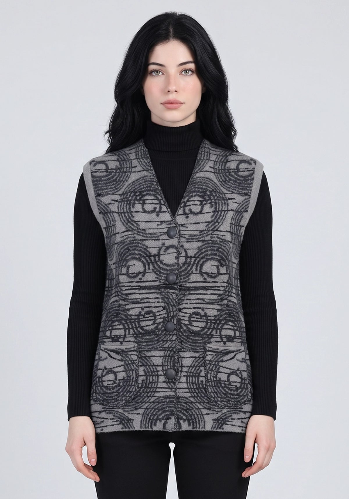 Soft Acrylic Wool Sleeveless Gray Cardigan