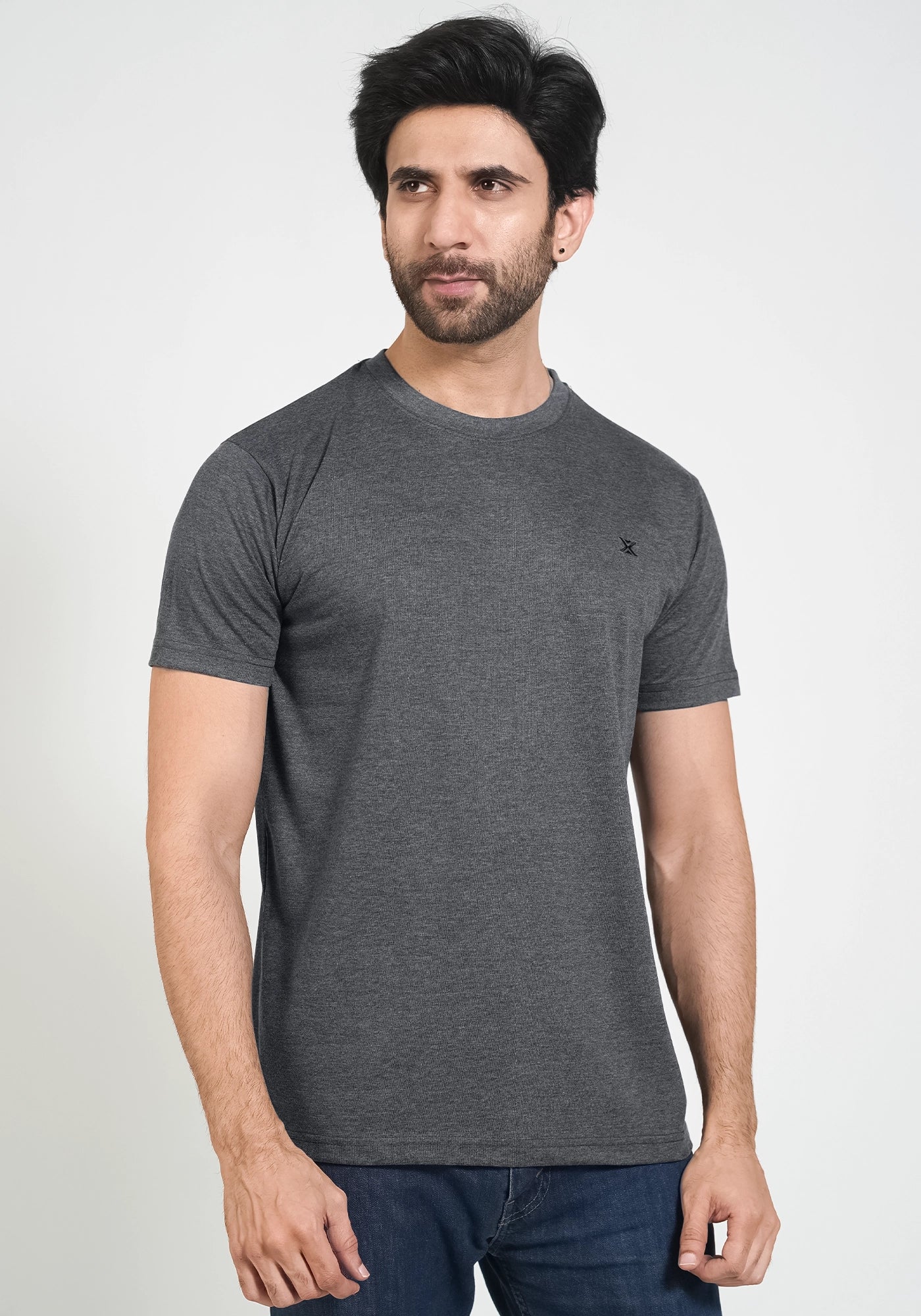 Single Jersey Fabric Plain Charcoal Round Neck