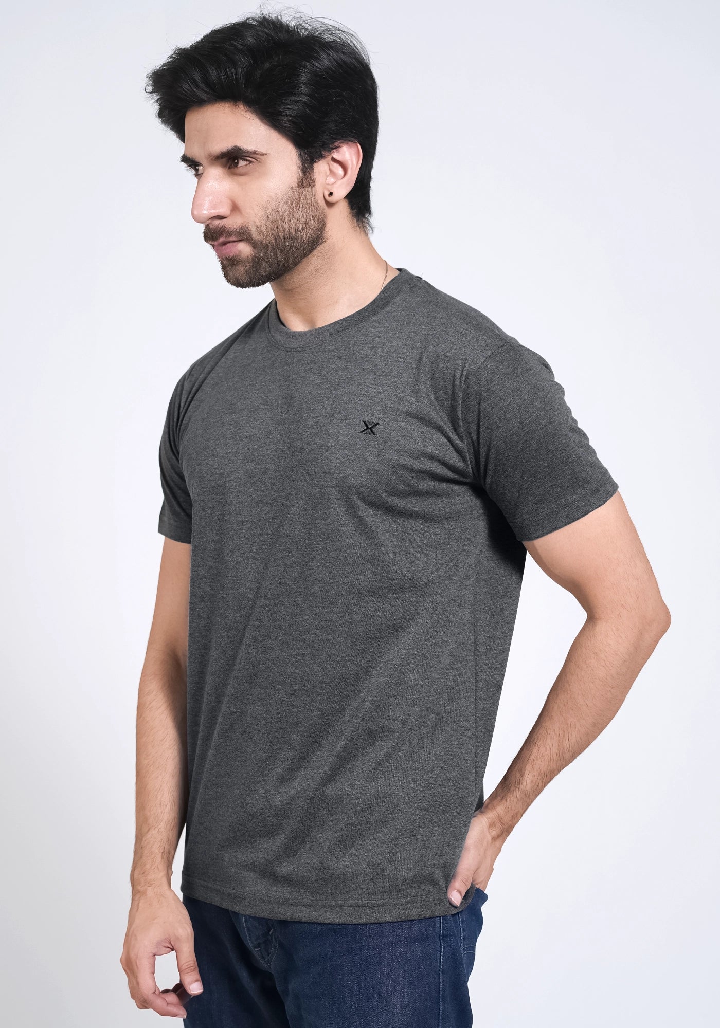 Single Jersey Fabric Plain Charcoal Round Neck