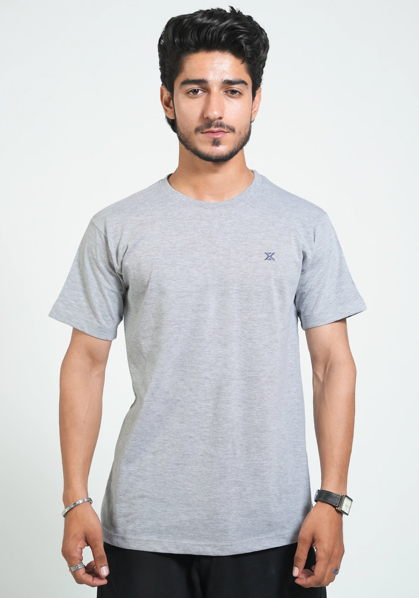 Single Jersey Fabric Plain L Gray Round Neck