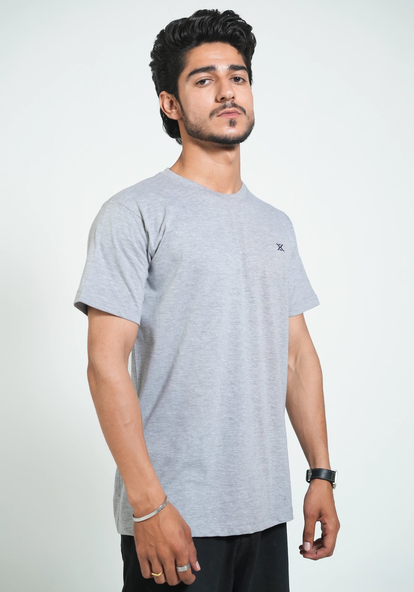 Single Jersey Fabric Plain L Gray Round Neck