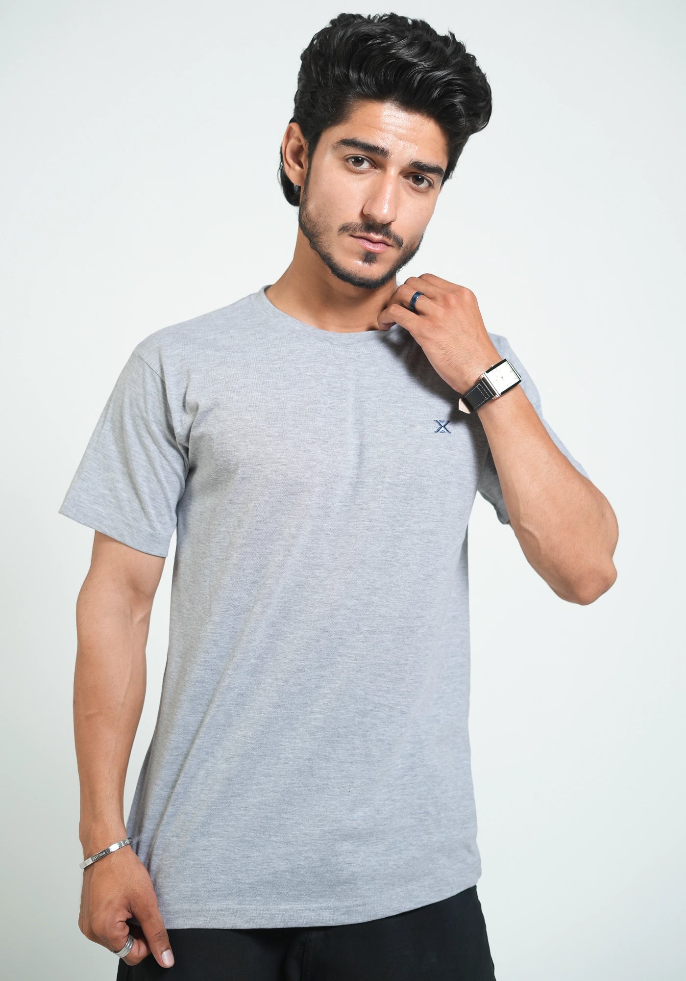 Single Jersey Fabric Plain L Gray Round Neck