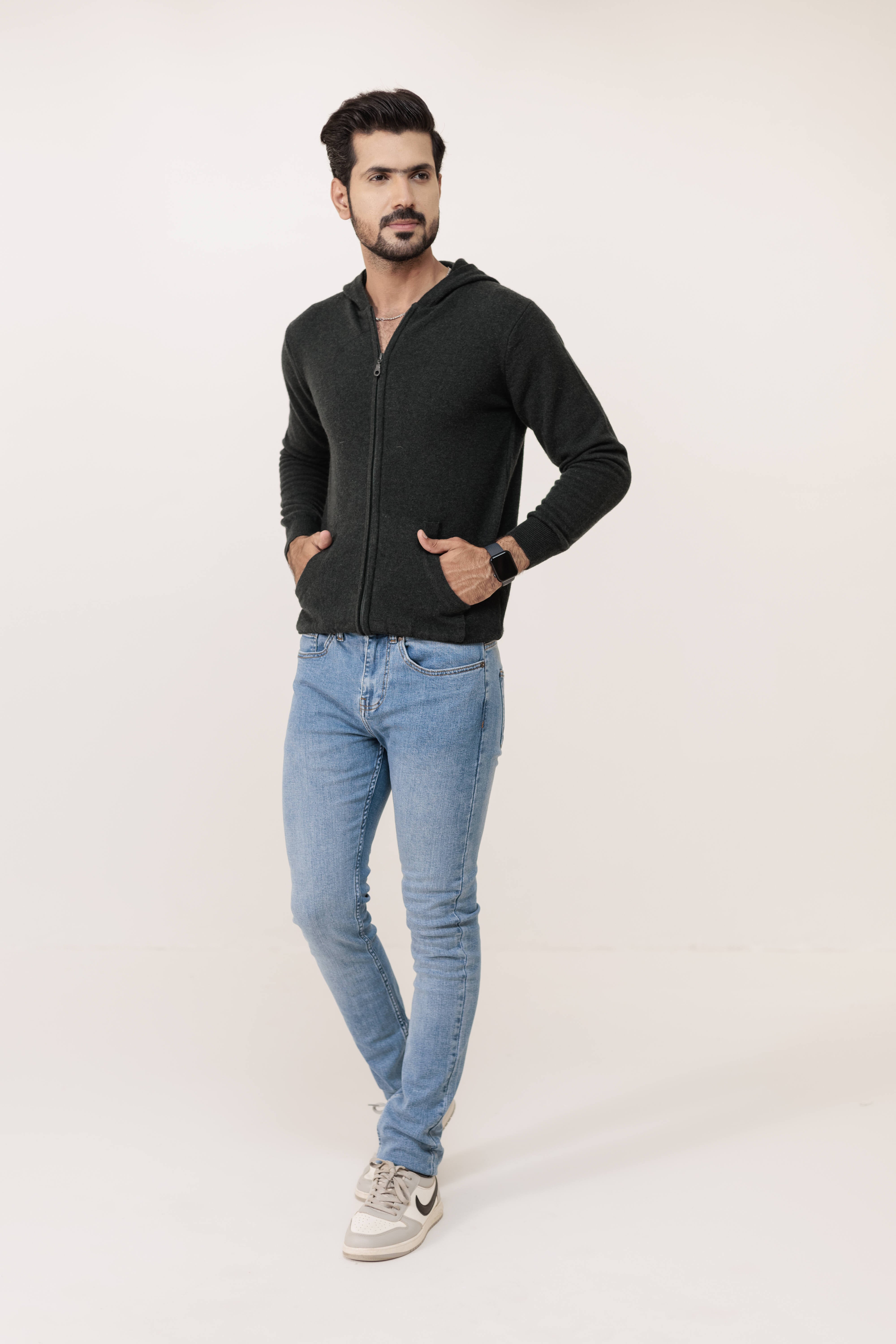 Super Fine Wool Hoodie Zipper Sweater Blue