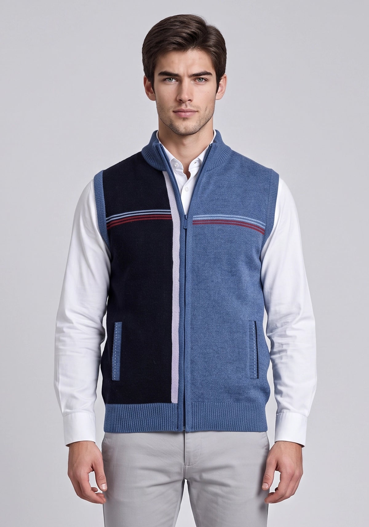 100% Lambswool Jeans Blue Sleeveless Zipper