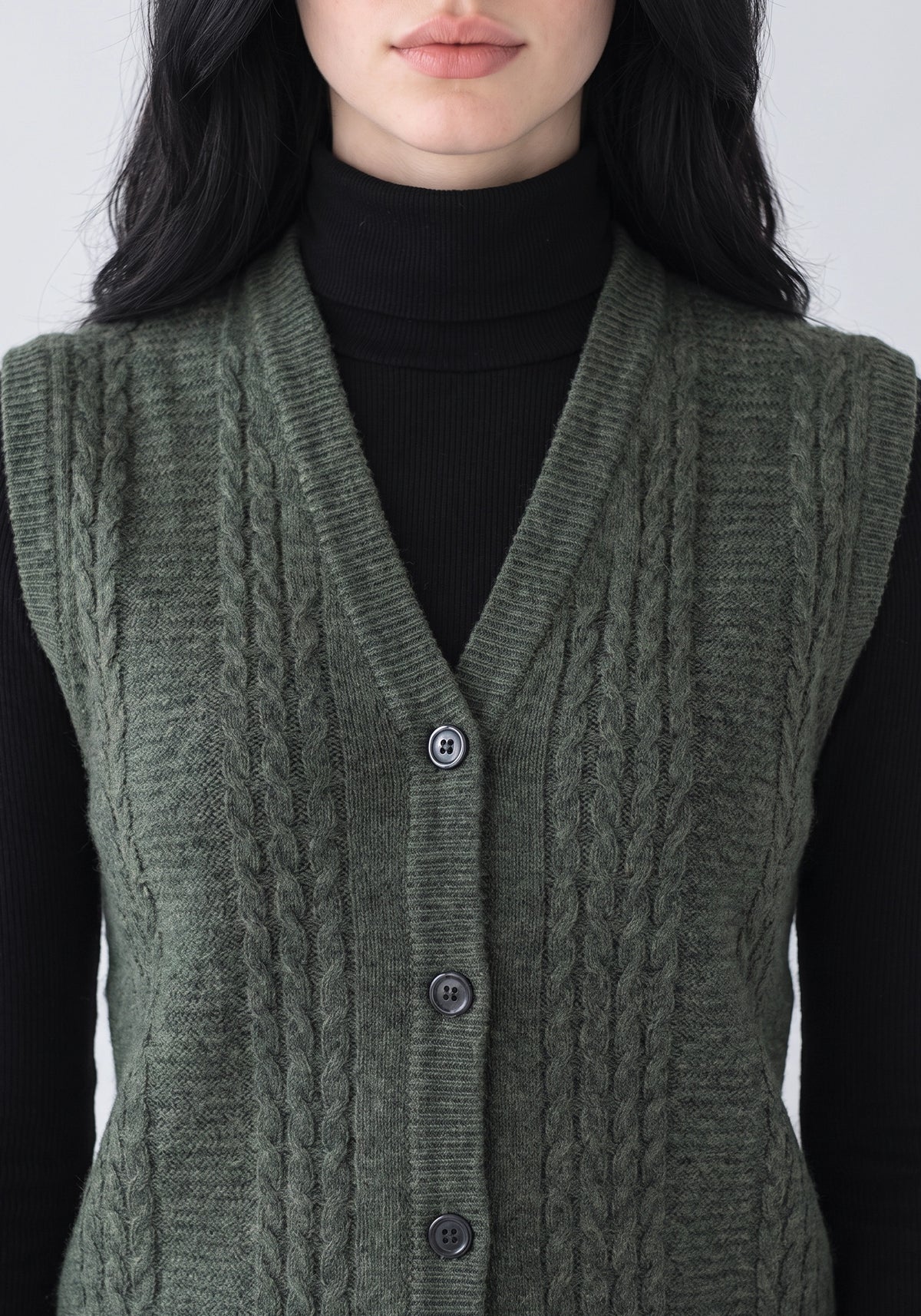 100% Lambswool Khaki Green Sleeveless Cardigan
