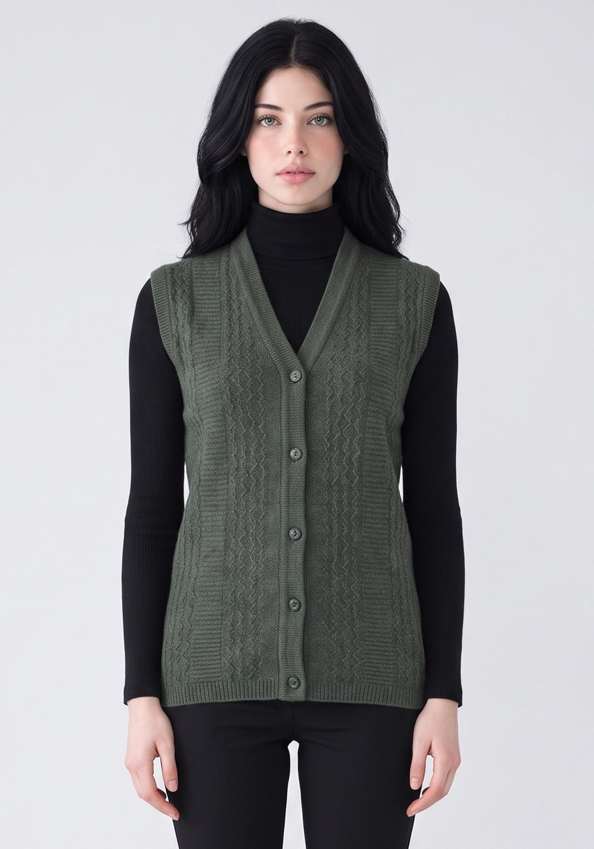 100% Lambswool Khaki Green Sleeveless Cardigan