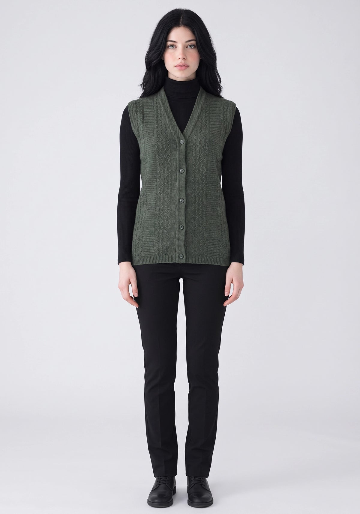 100% Lambswool Khaki Green Sleeveless Cardigan