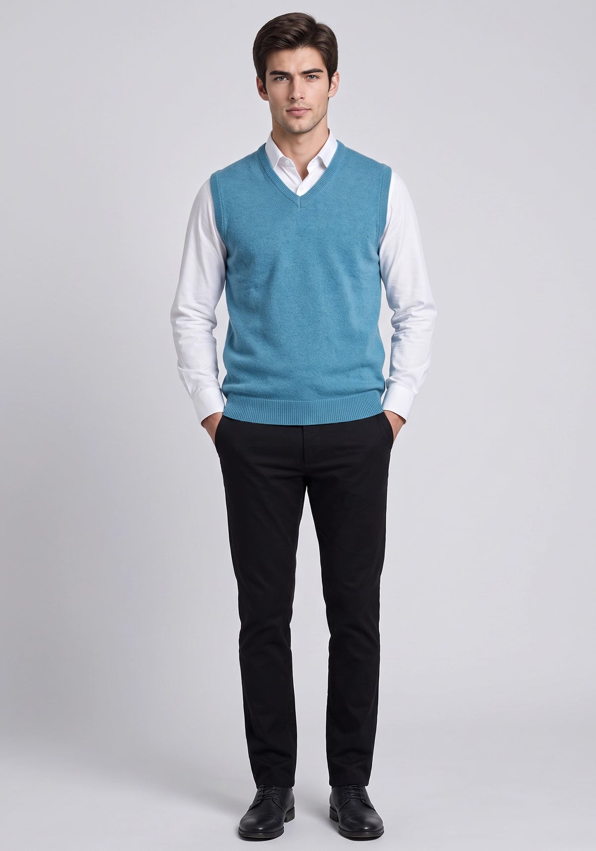 100% Lambswool L Blue Plain Sleeveless