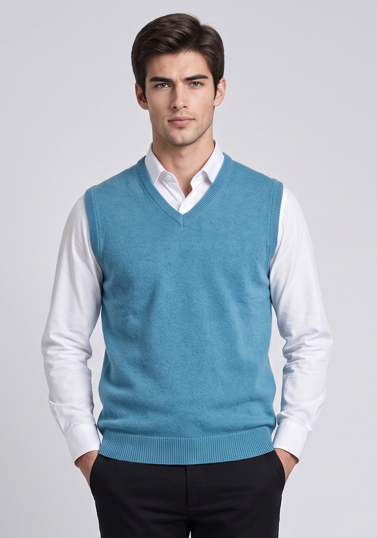 100% Lambswool L Blue Plain Sleeveless