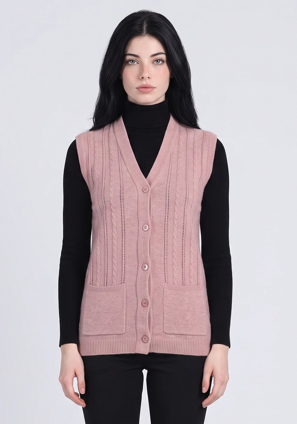 100% Lambswool Lt Pink Sleeveless Cardigan