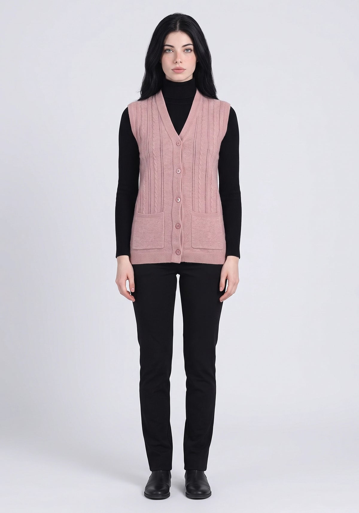 100% Lambswool Lt Pink Sleeveless Cardigan