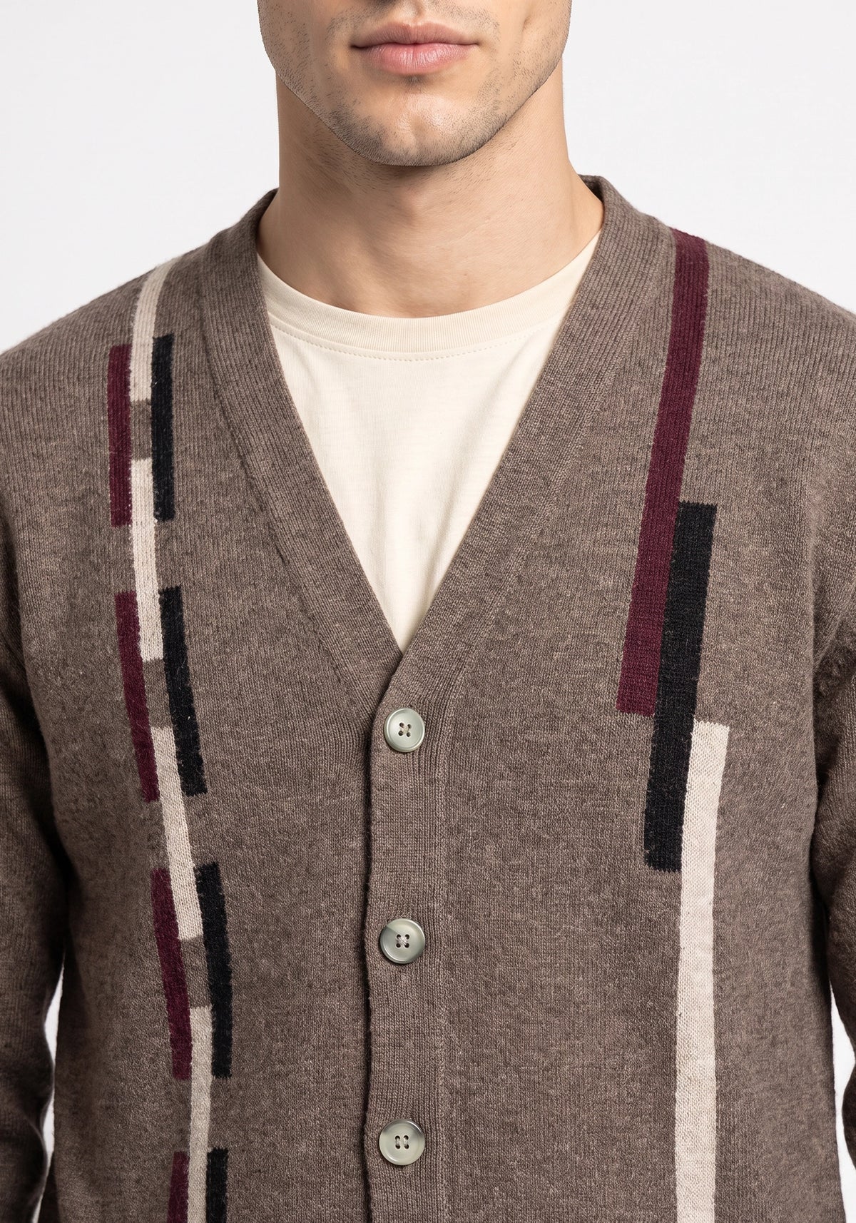 100% Lambswool Leather Brown Cardigan