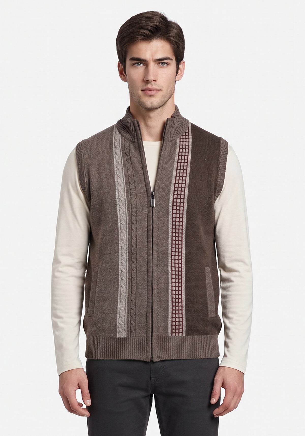100% Lambswool Leather Brown Sleeveless Zipper