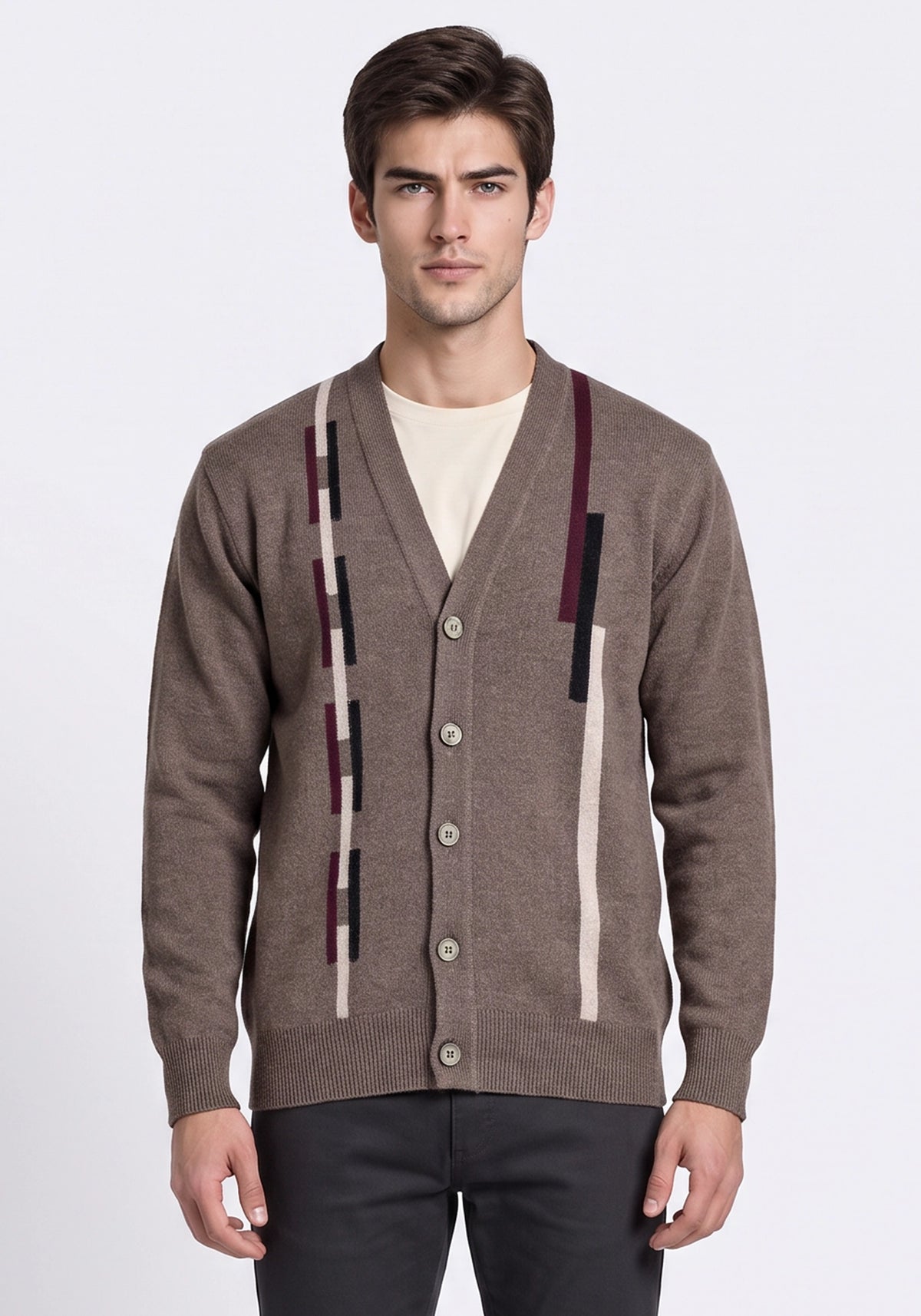 100% Lambswool Leather Brown Cardigan