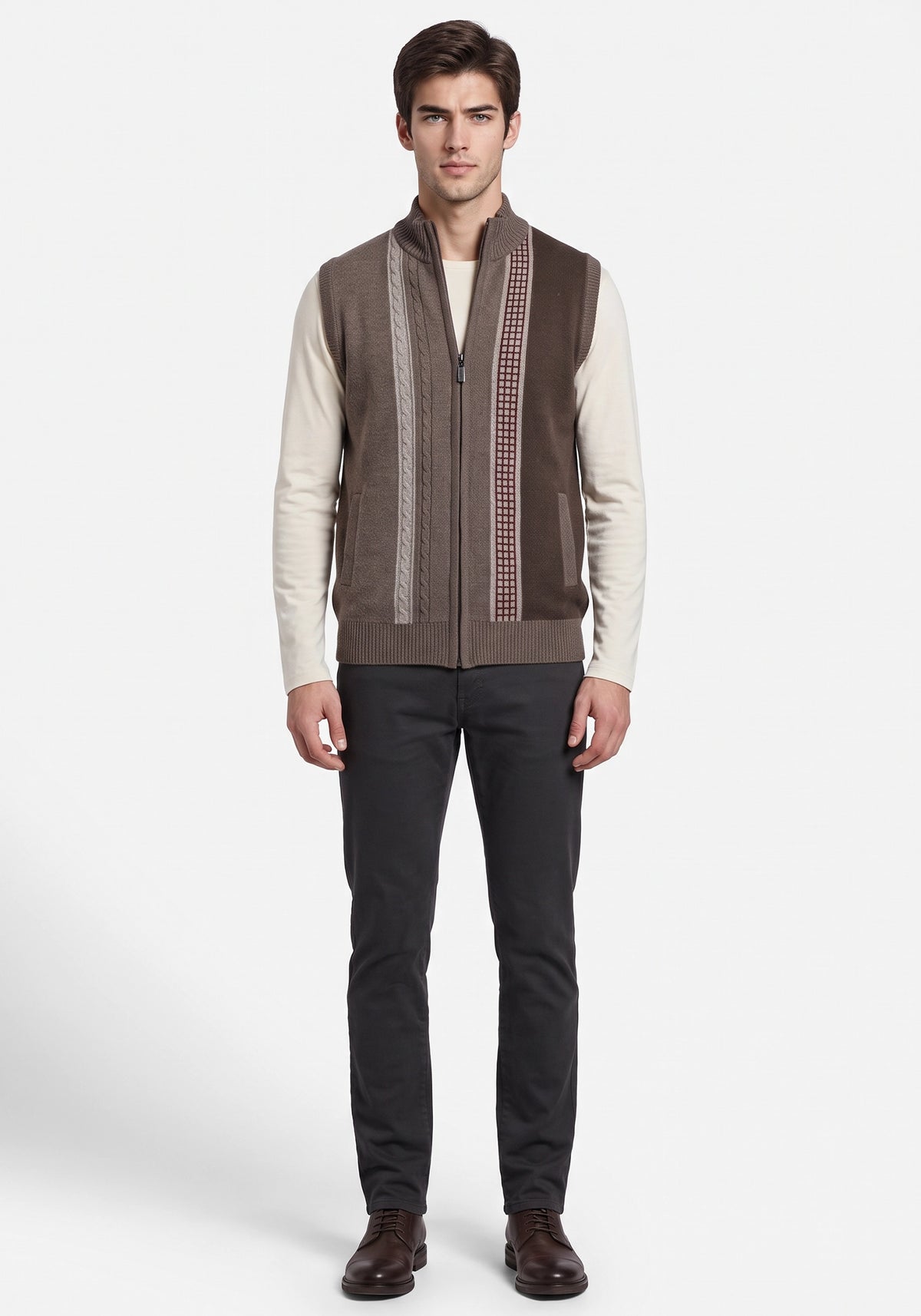 100% Lambswool Leather Brown Sleeveless Zipper