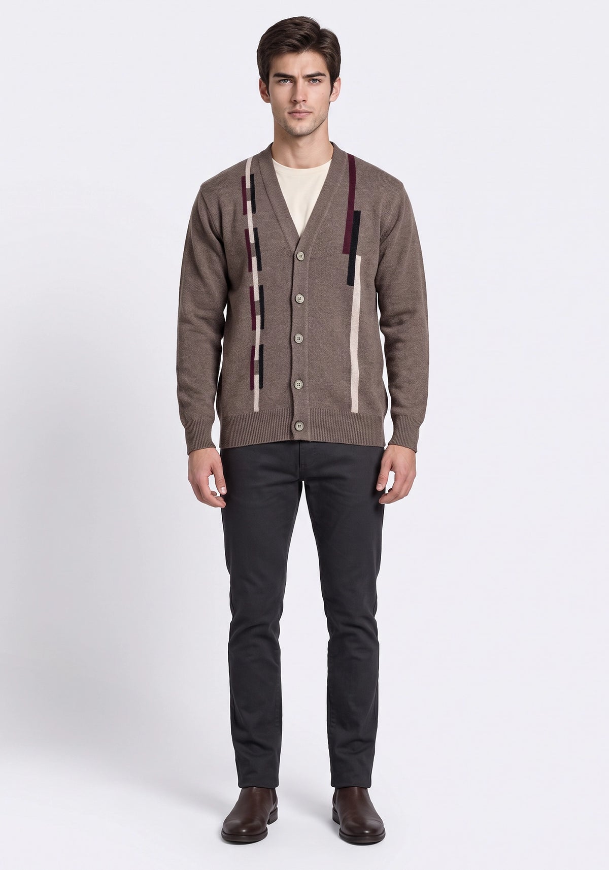 100% Lambswool Leather Brown Cardigan