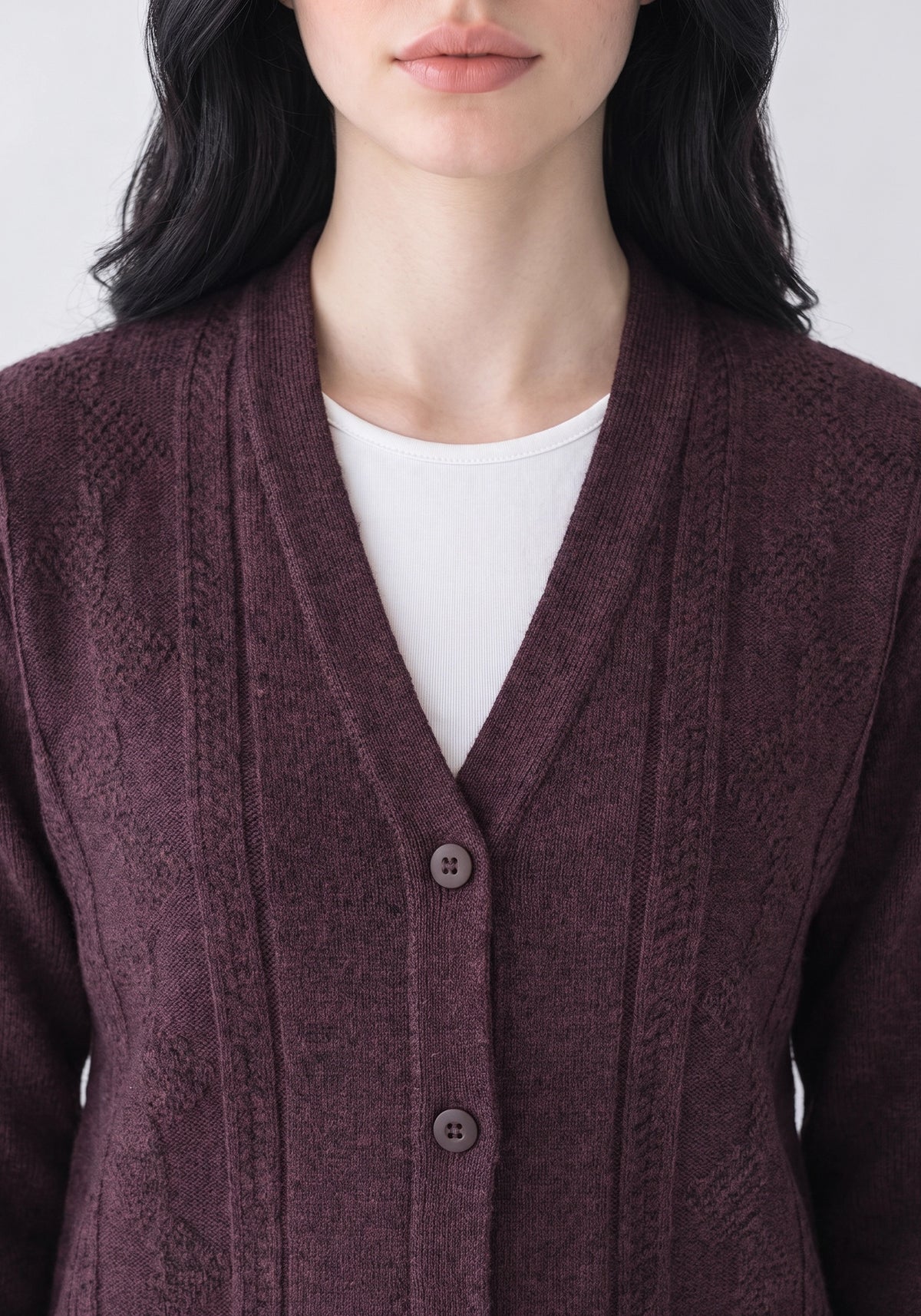 100% Lambswool M Wine Aubergine Cardigan