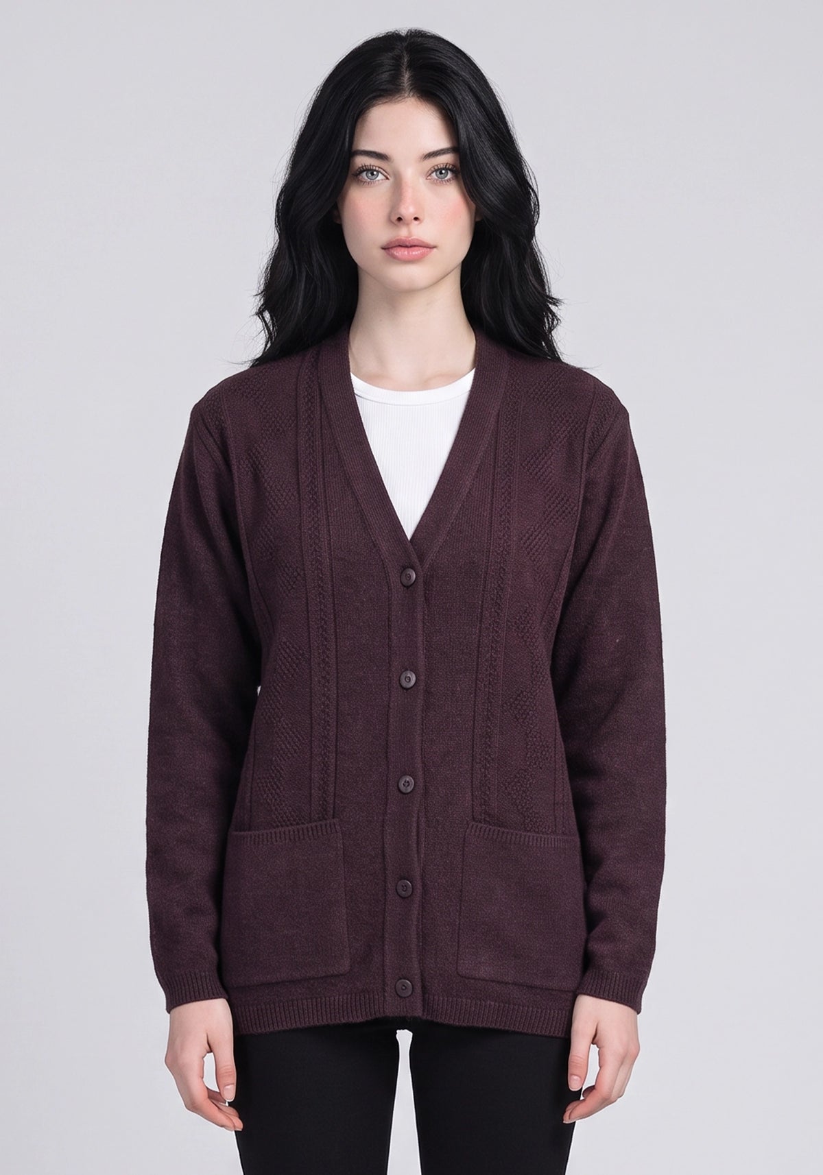 100% Lambswool M Wine Aubergine Cardigan