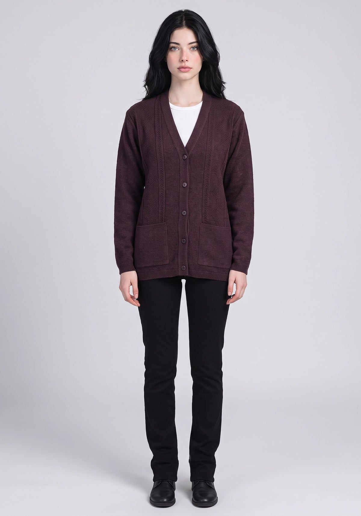100% Lambswool M Wine Aubergine Cardigan