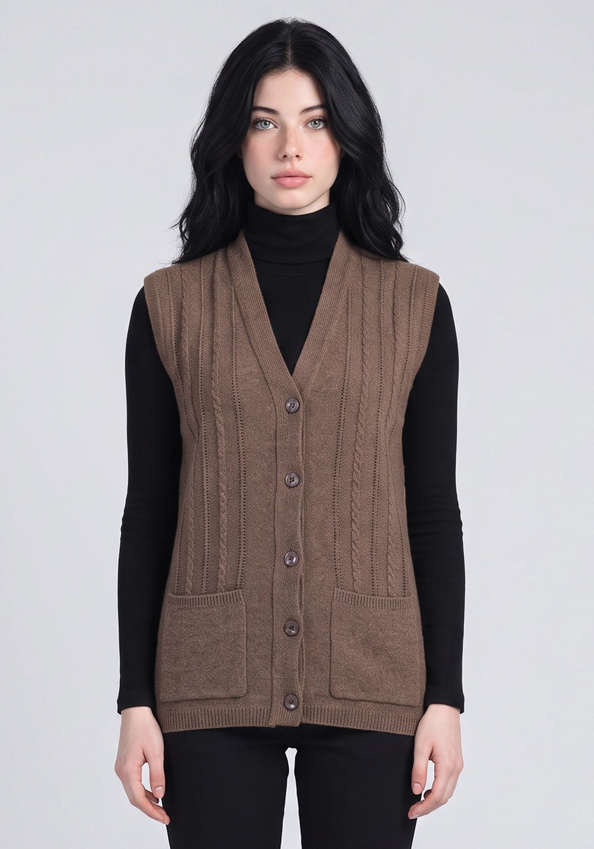 100% Lambswool Vicuna Brown Sleeveless Cardigan