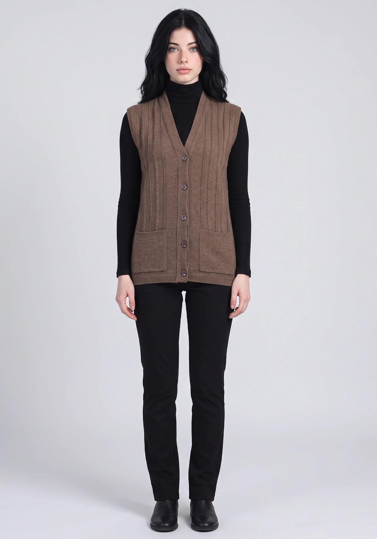 100% Lambswool Vicuna Brown Sleeveless Cardigan