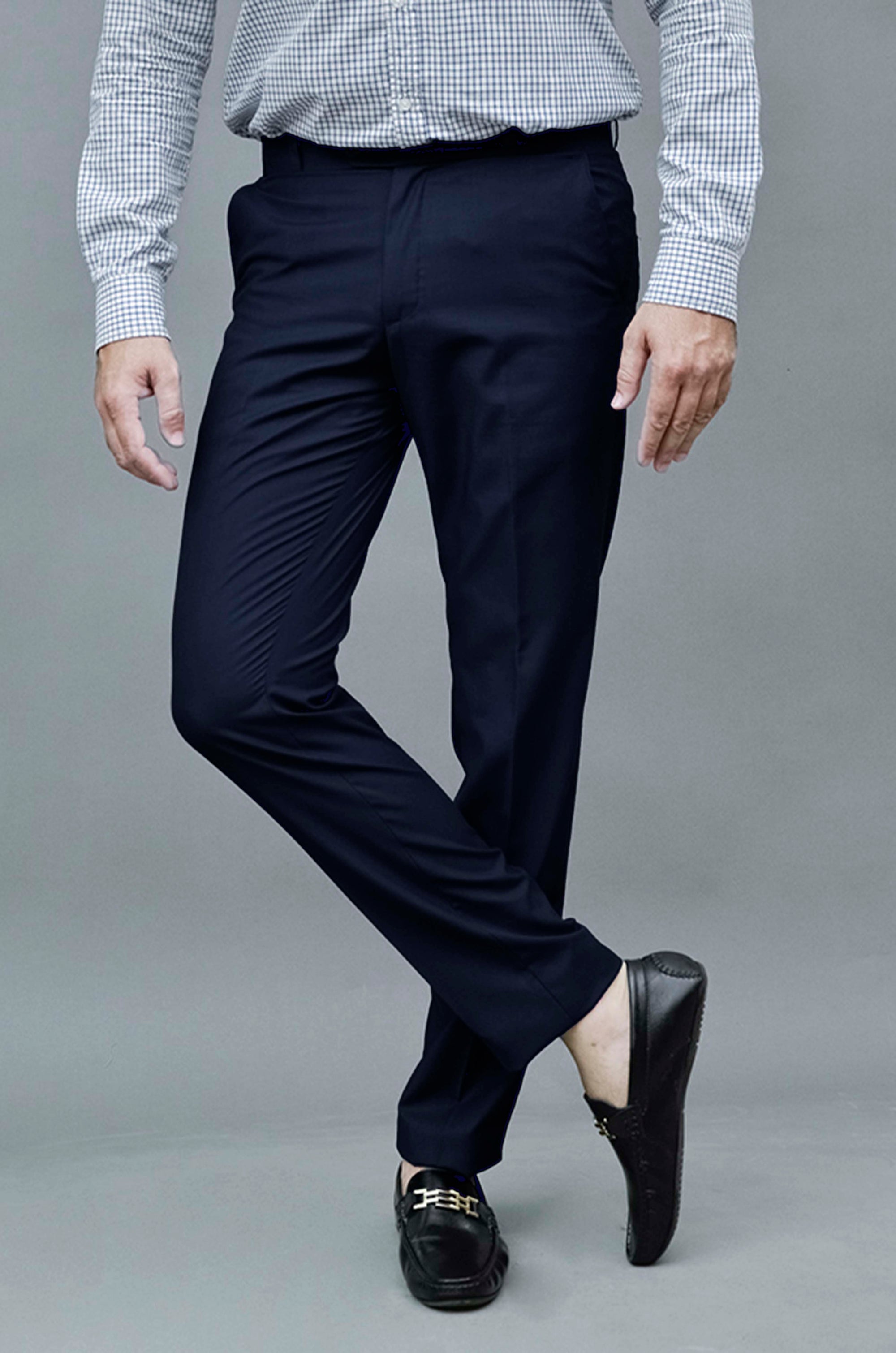 Blended Navy Blue Regular Fit Dress Trouser