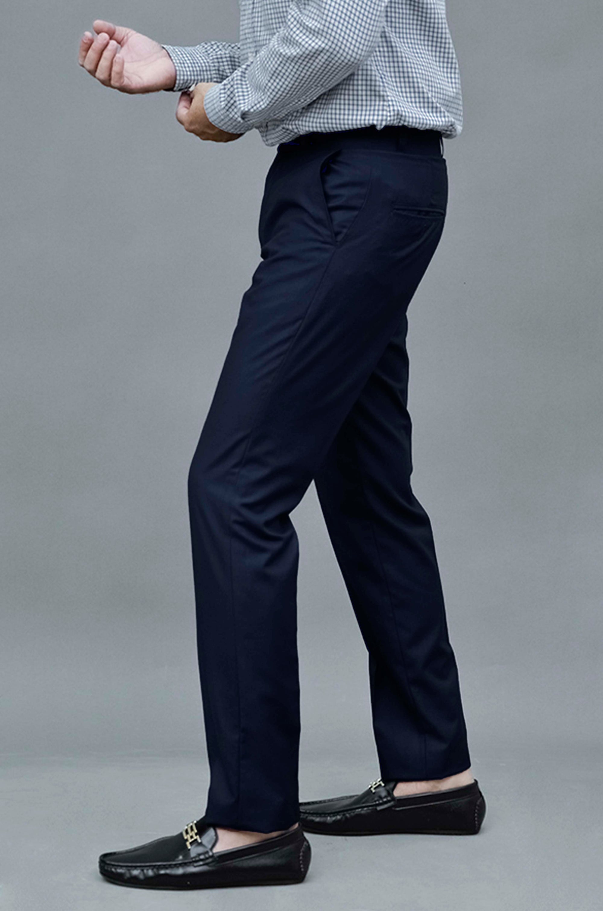 Blended Navy Blue Regular Fit Dress Trouser
