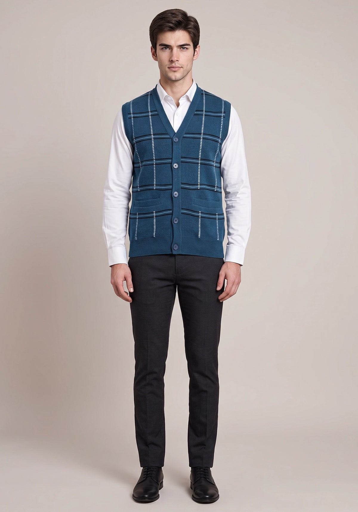 100% Lambswool Petrol Sleeveless Cardigan