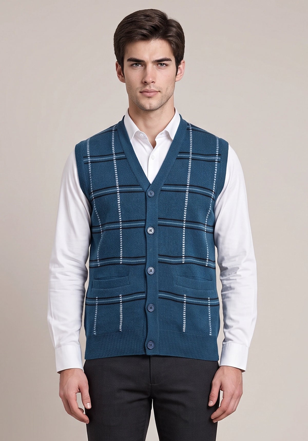 100% Lambswool Petrol Sleeveless Cardigan