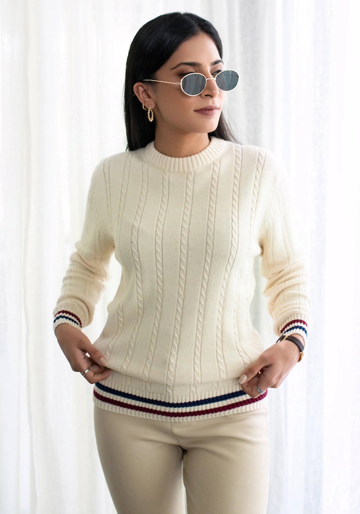 100% Cotton Cable Knit Crew Neck Sweater