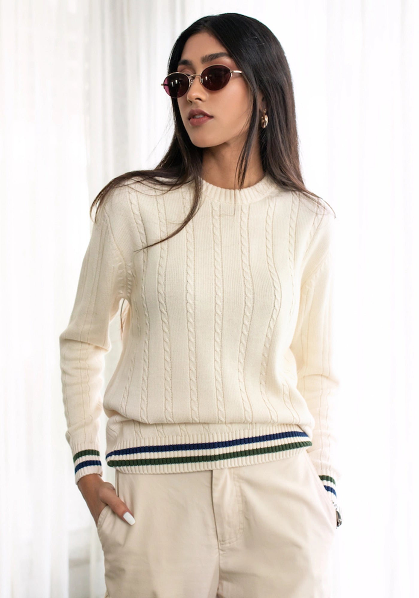 100% Cotton Cable Knit Crew Neck Sweater