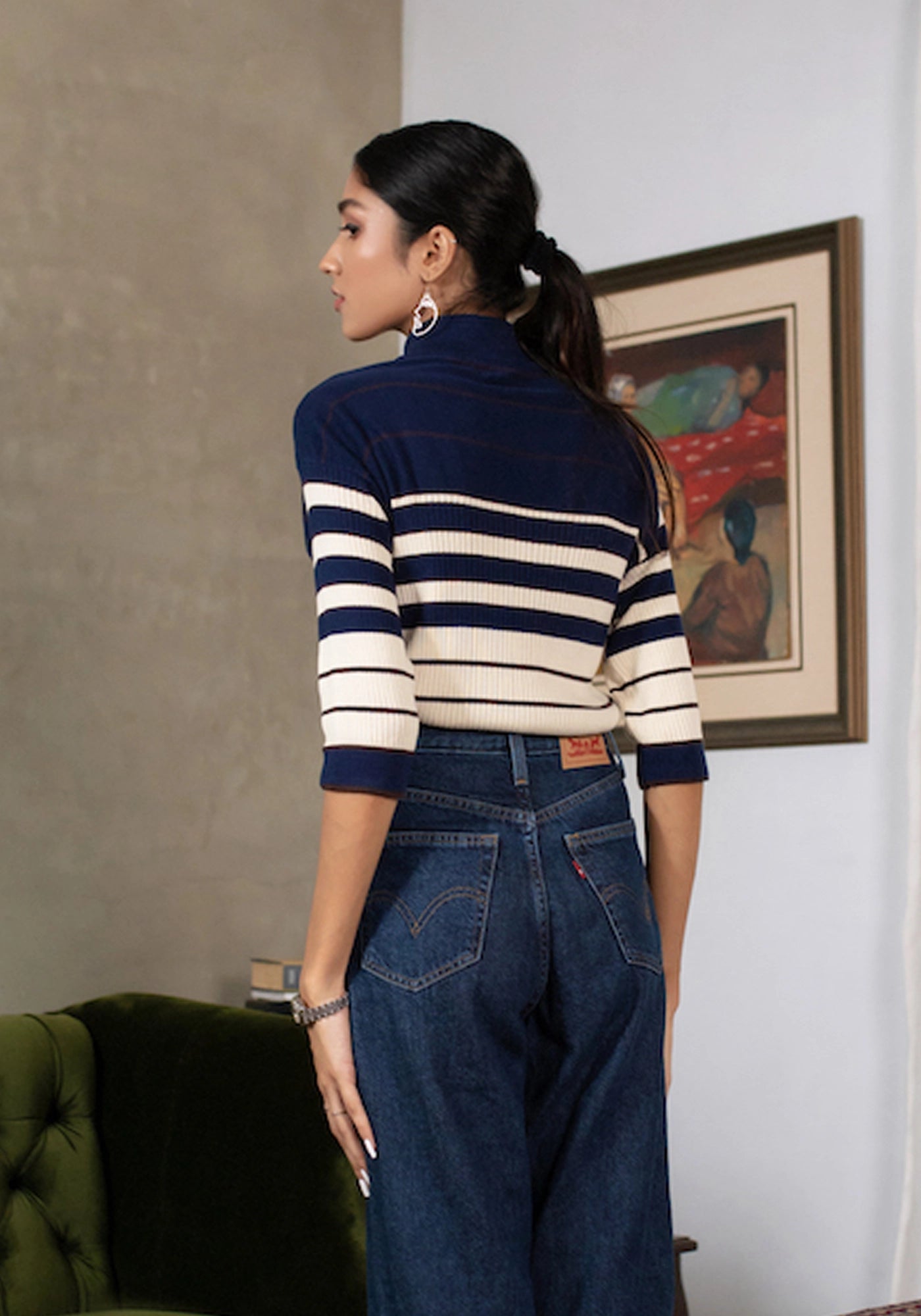 100% Cotton Striped High-Neck Knit Half Sleeve Sweater