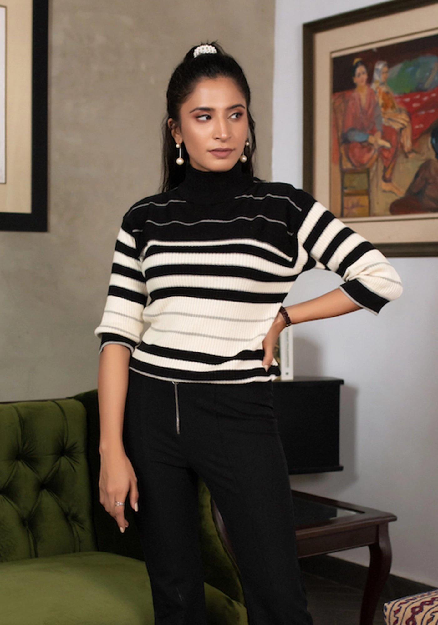 100% Cotton Striped High-Neck Knit Half Sleeve Sweater