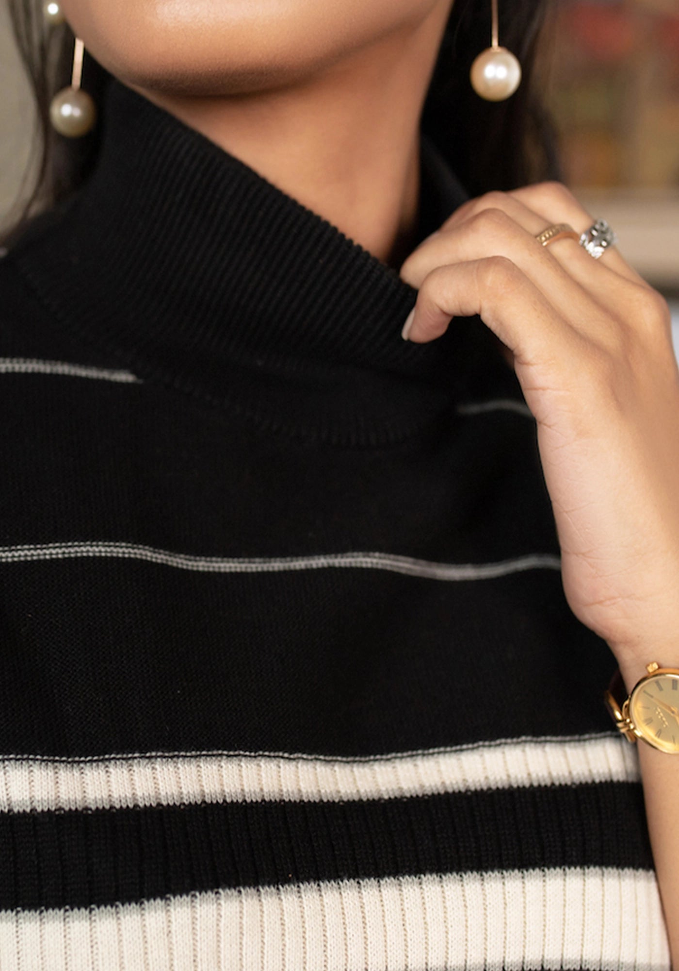 100% Cotton Striped High-Neck Knit Half Sleeve Sweater