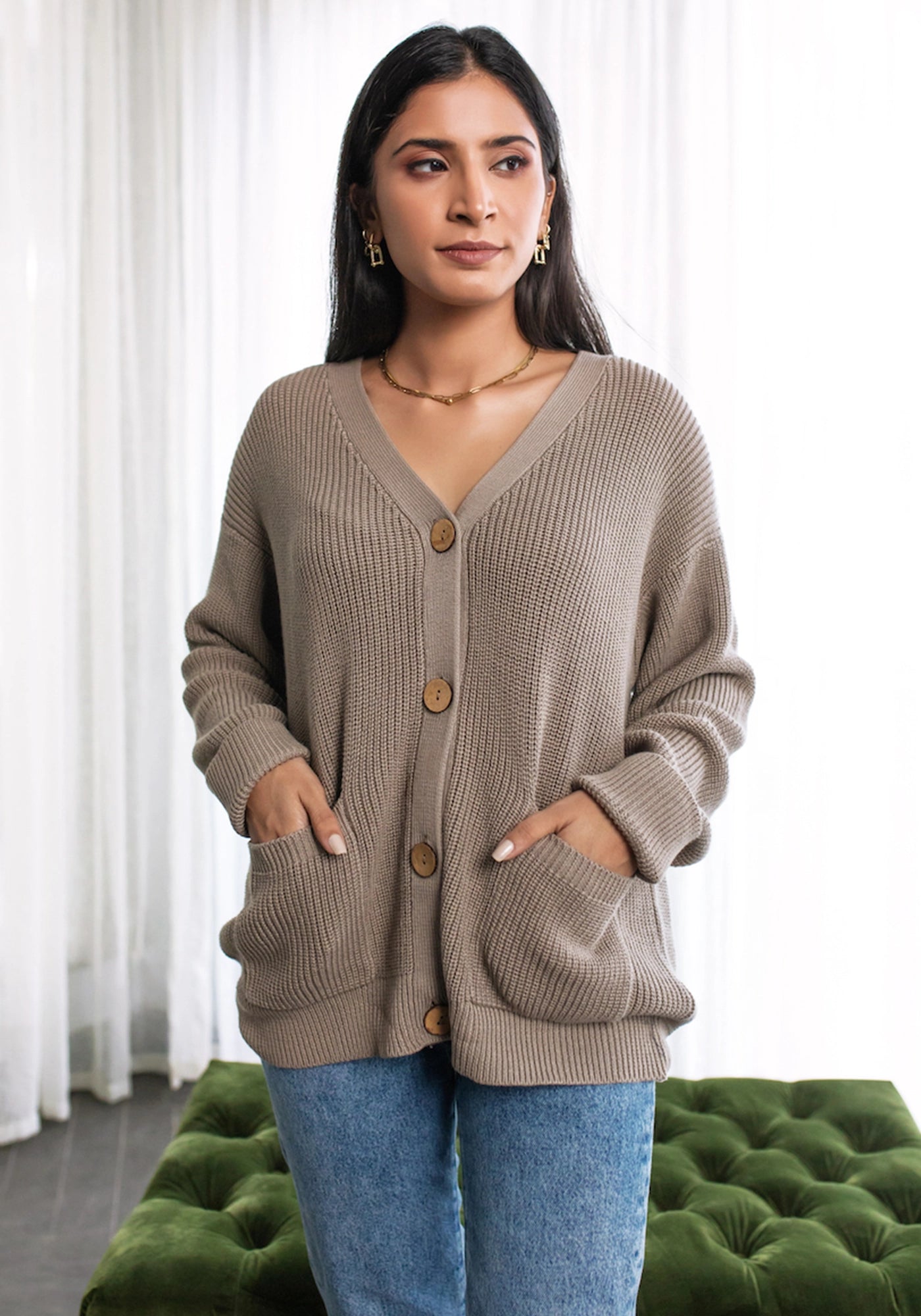 100% Cotton Knitted Button-Front Cardigan