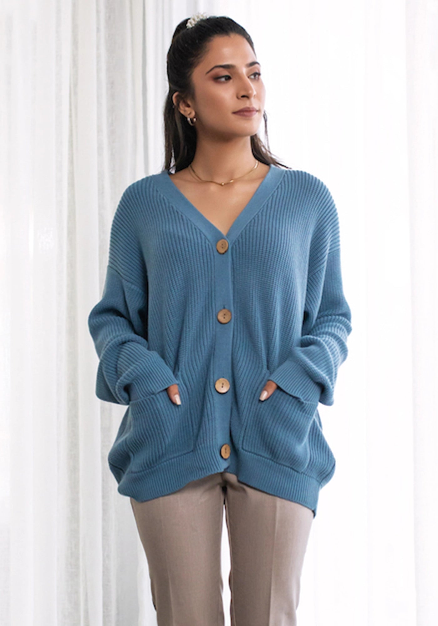 100% Cotton Knitted Button-Front Cardigan