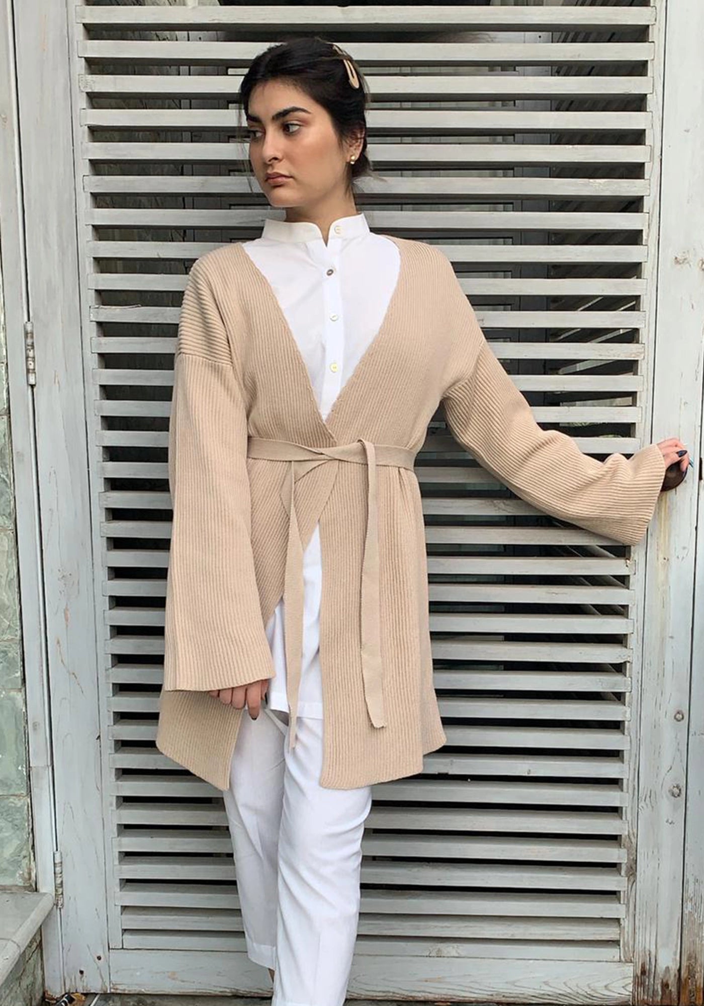 100% Cotton Ribbed Wrap-Front Knit Open Cardigan