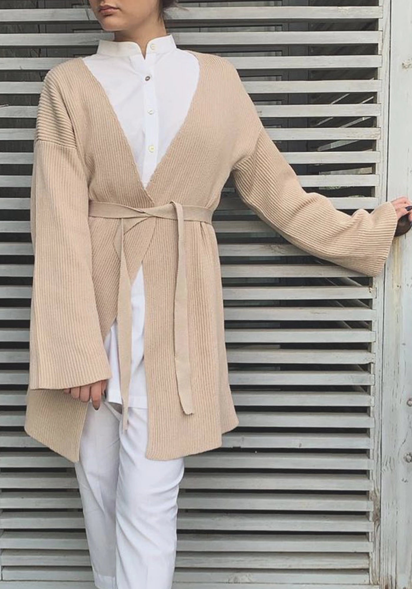 100% Cotton Ribbed Wrap-Front Knit Open Cardigan