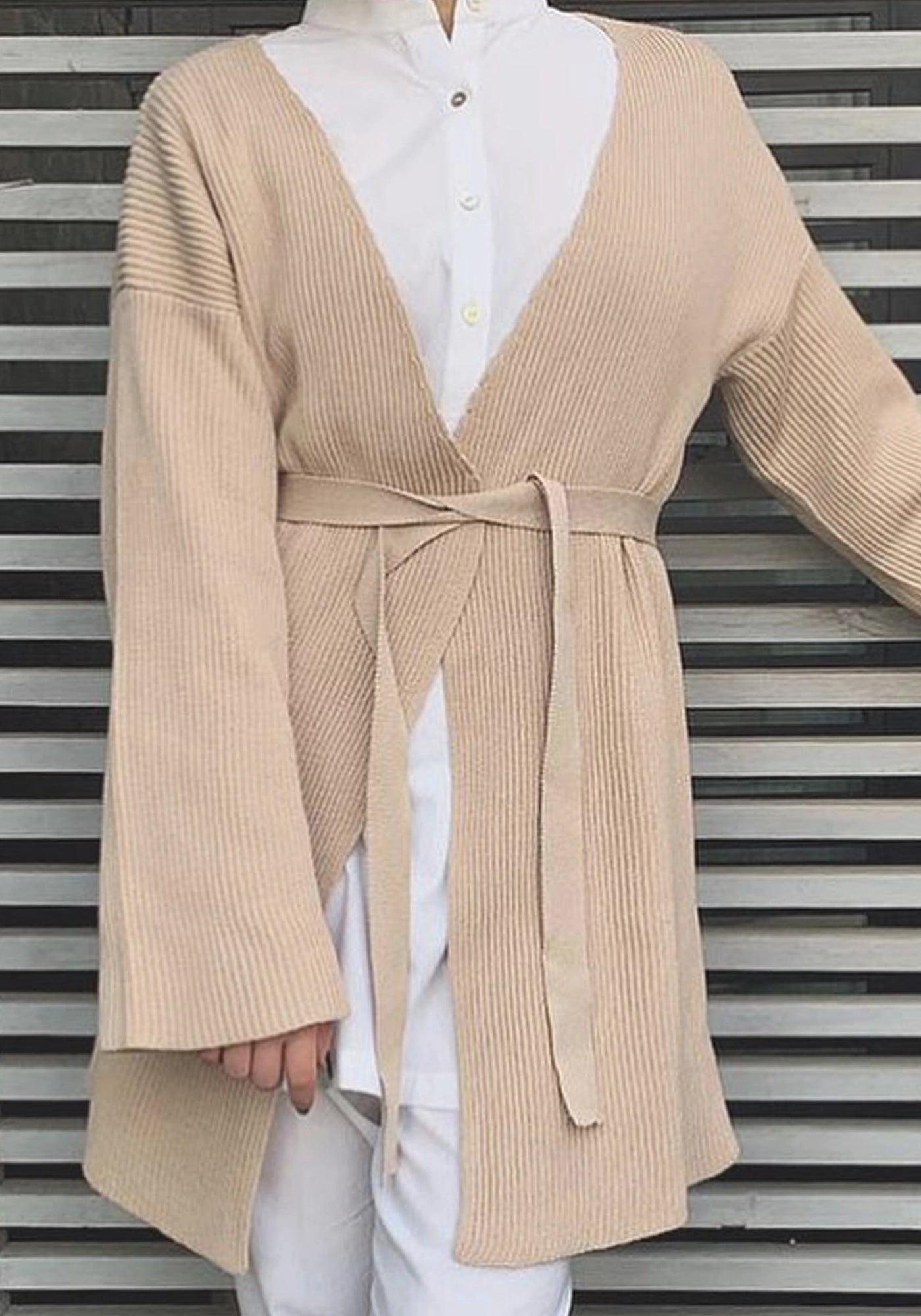 100% Cotton Ribbed Wrap-Front Knit Open Cardigan